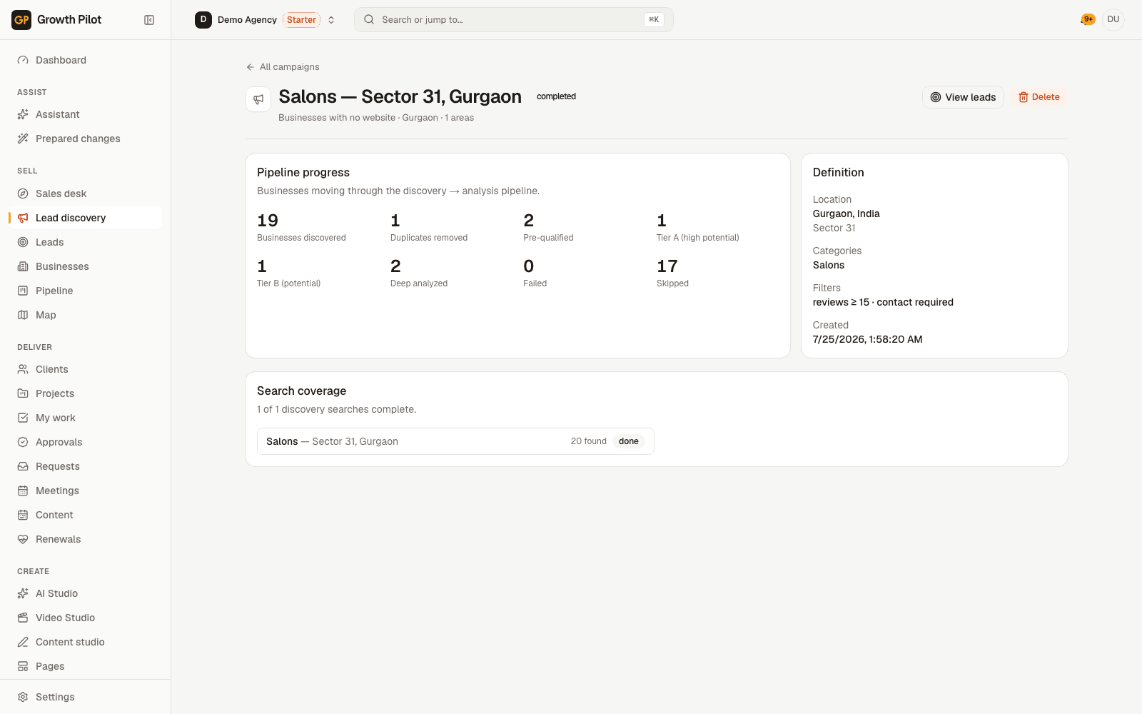 Lead discovery campaign for dentists in Gurgaon with pipeline progress from sixteen businesses discovered to three high-potential leads