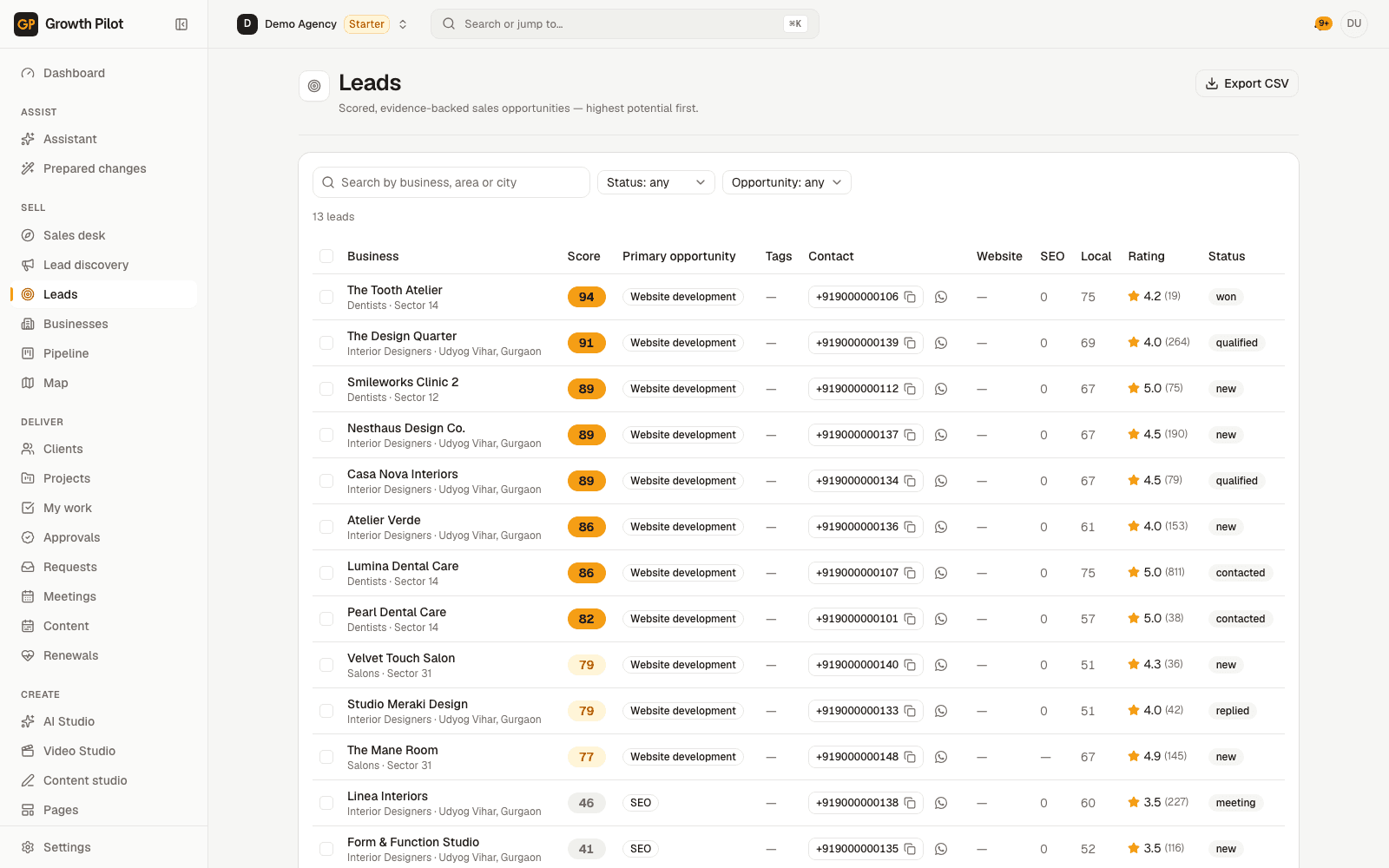 Leads table with opportunity scores, primary opportunity, contact numbers, ratings and pipeline status for local businesses