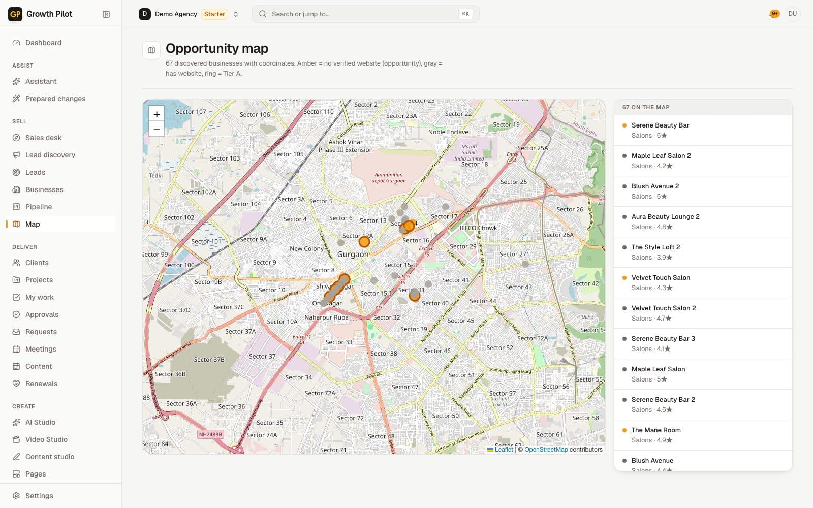 Map of discovered businesses across Gurgaon with amber markers for businesses without a verified website