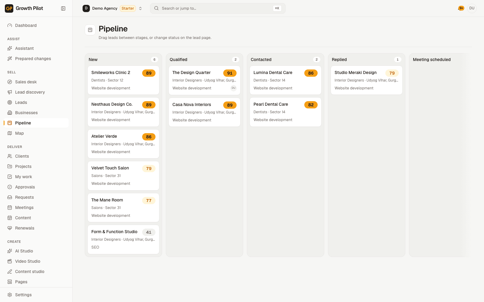 Kanban sales pipeline with leads moving through new, qualified, contacted and replied stages