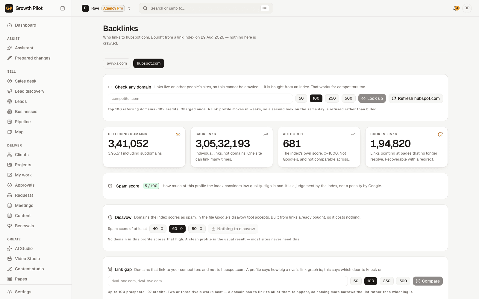 Backlink profile for a domain showing 341,052 referring domains, 30 million backlinks, authority score and spam score with a disavow file builder